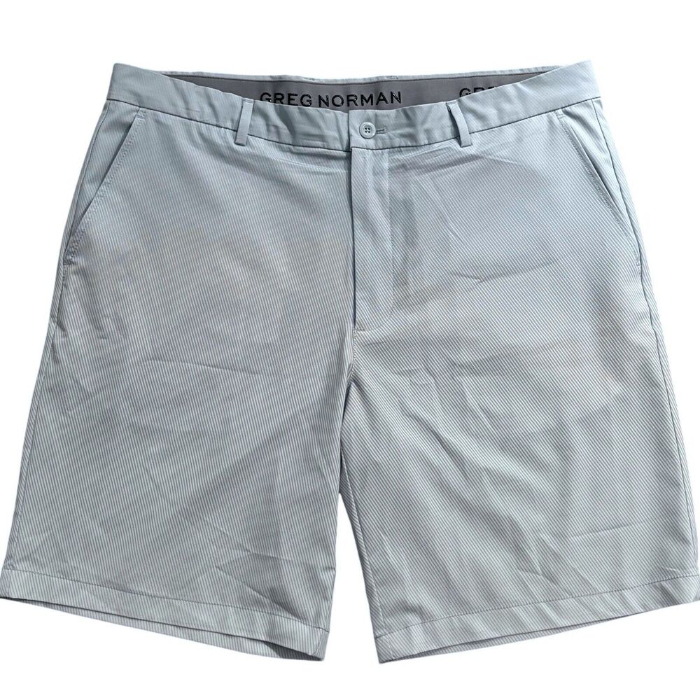 Greg Norman Golf Shorts Light Blue Graduated Diagonal Stripes Mens 38x10 Stretch